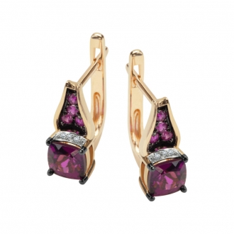 Złote kolczyki z rodolitami, rubinami i brylantami