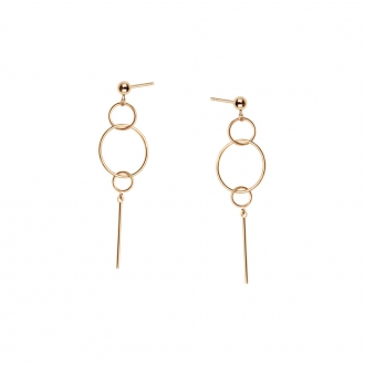 Złote kolczyki wiszące trzy koła i pałeczka