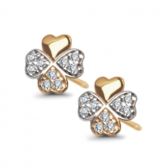 Złote kolczyki koniczynki z cyrkoniami, żółte złoto błyszczące