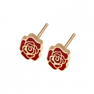 Złote kolczyki róże z kolorową emalią
