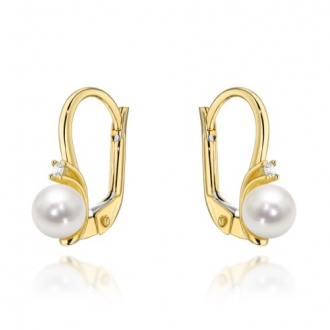 Złote kolczyki z perłą i cyrkoniami KG476400