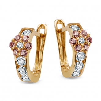 Złote kolczyki podłużne z kwiatkiem z różowymi i białymi cyrkoniami