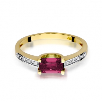Złoty pierścionek z rubinem i brylantami BD105R
