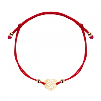 Złota bransoletka serce ażurowe czerwony sznurek