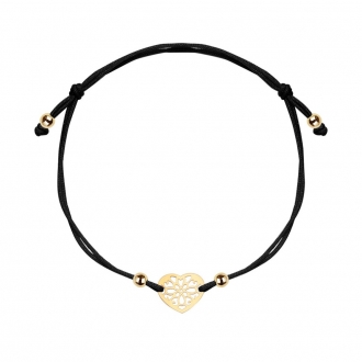 Złota bransoletka na czarnym sznurku serce ażurowe
