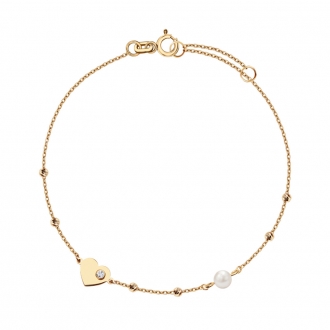 Złota bransoletka serce z cyrkonią i perłą