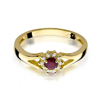 Złoty pierścionek z rubinem i brylantami BD185R