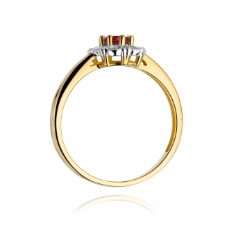 Złoty pierścionek z rubinem i brylantami BD304R